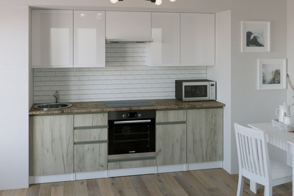 Кухонный гарнитур Антика базис 2400 мм (Белый глянец/Дуб браун, Аламбра темная)