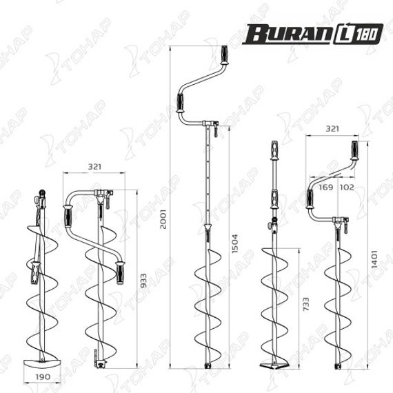 Ледобур BURAN 180L левое вращение, цельнотянутый шнек (LB-180L) Тонар