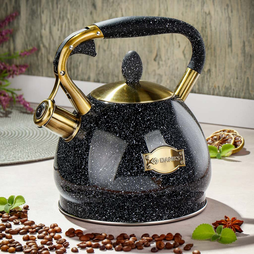 Чайник нерж, 3 л, свист, черный, ручка с покрытием, нейлон, Daniks, GS-04517G
