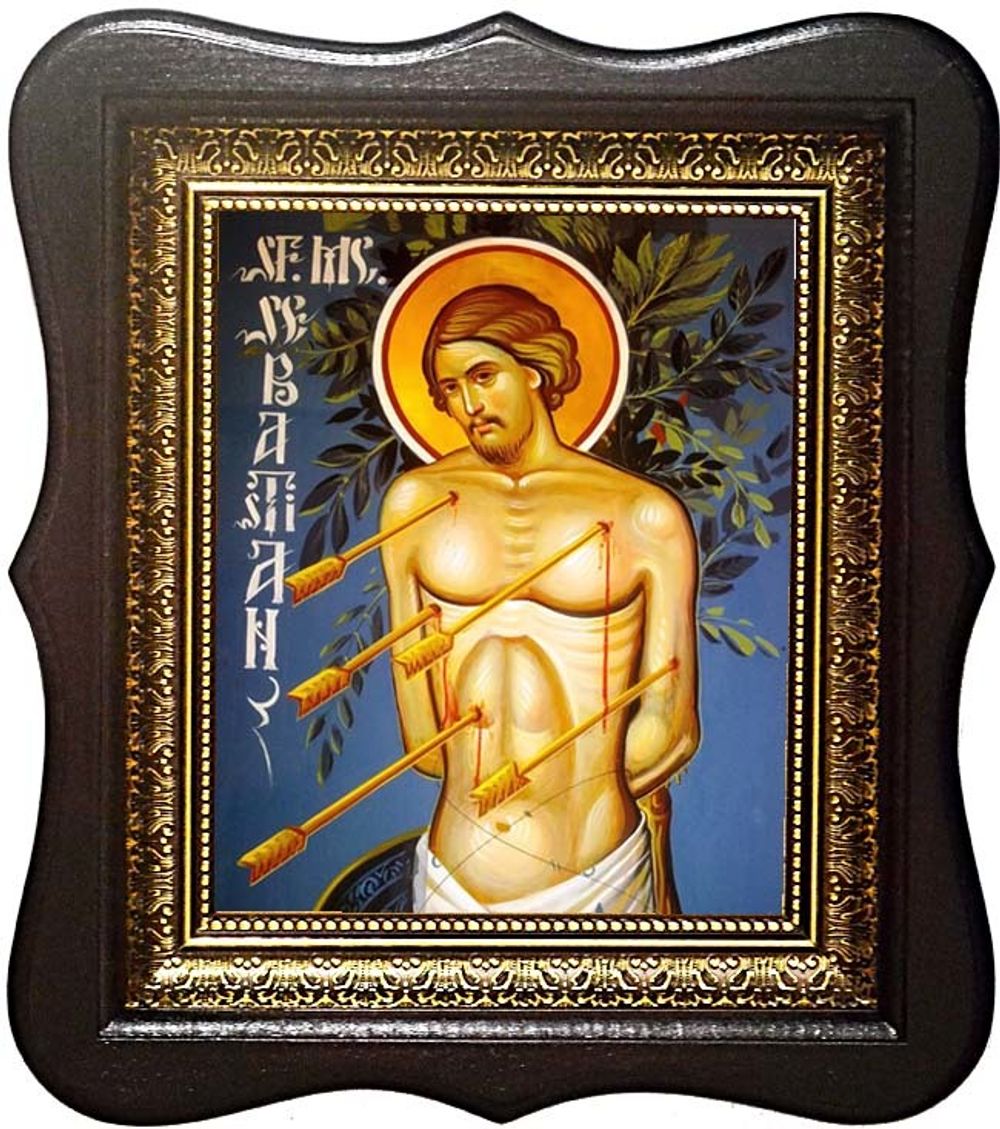 Севастьян Медиоланский Римский мученик. Икона на холсте в большом киоте.