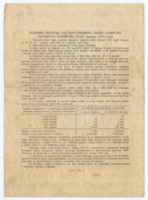 Облигация 10 рублей 1954 год. Серия № 176935. F-VF