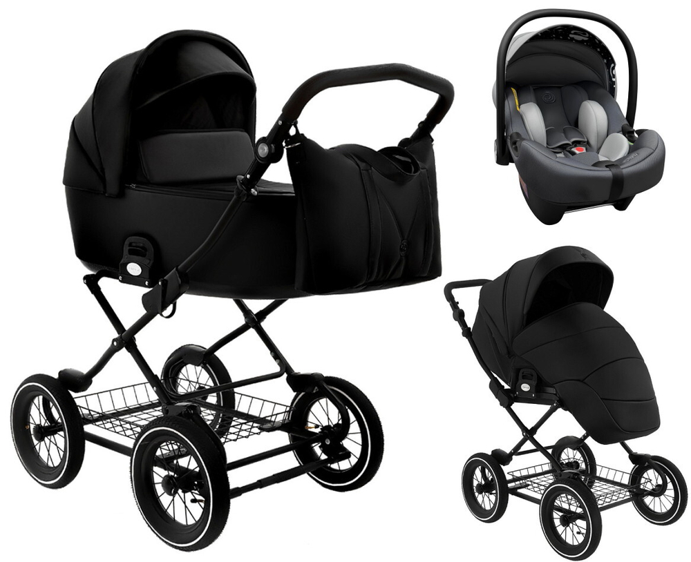Детская коляска Roan Bass Next Classic Кожа d12 3 в 1 с автокреслом Elo Lux EduSky Grey RCL300/1 Black