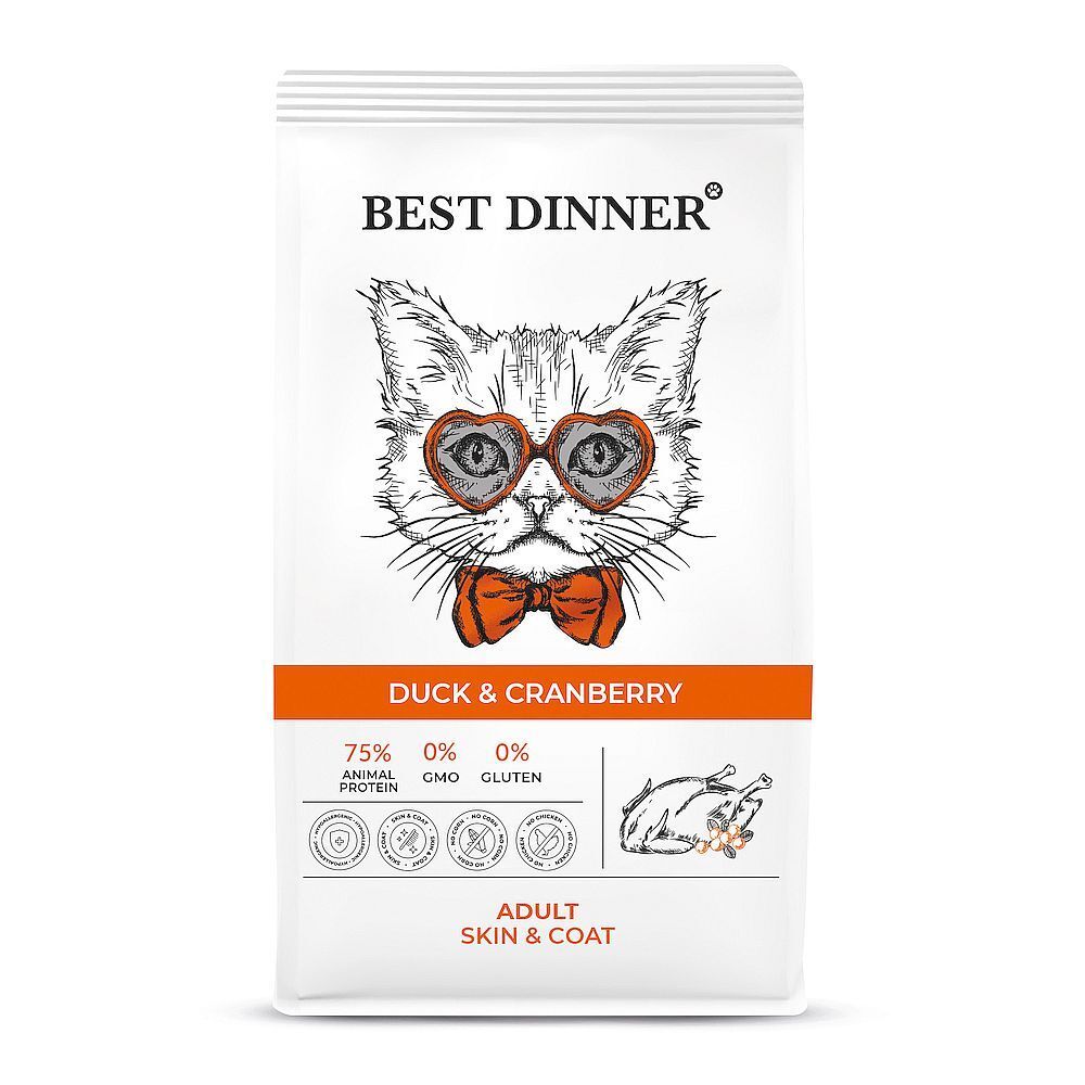 Best Dinner Adult Cat Duck &amp; Cranberry корм для кошек, для ухода за кожей и шерстью с Уткой 400г