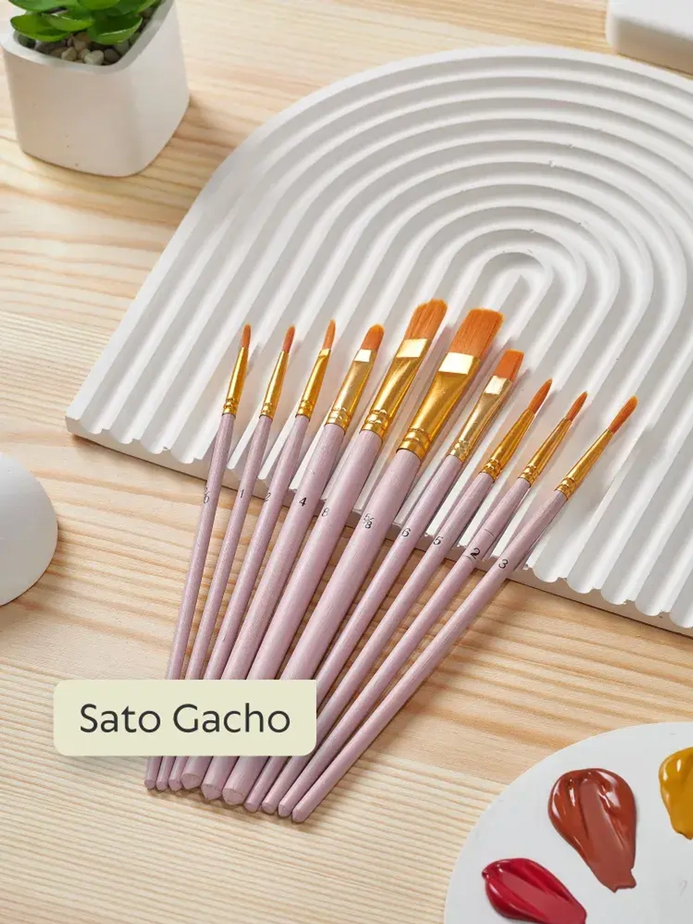 Набор кистей для рисования SATO GACHO синтетика (кисточки: круглая, плоская, лайнер) 10 шт., розовые