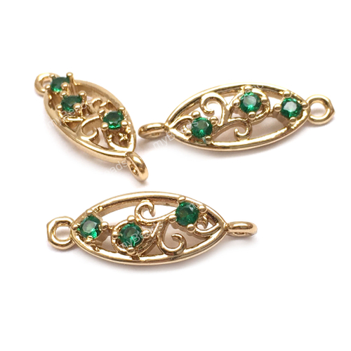 Коннектор с зелеными фианитами "Растительный узор" 19х6 мм, позолота