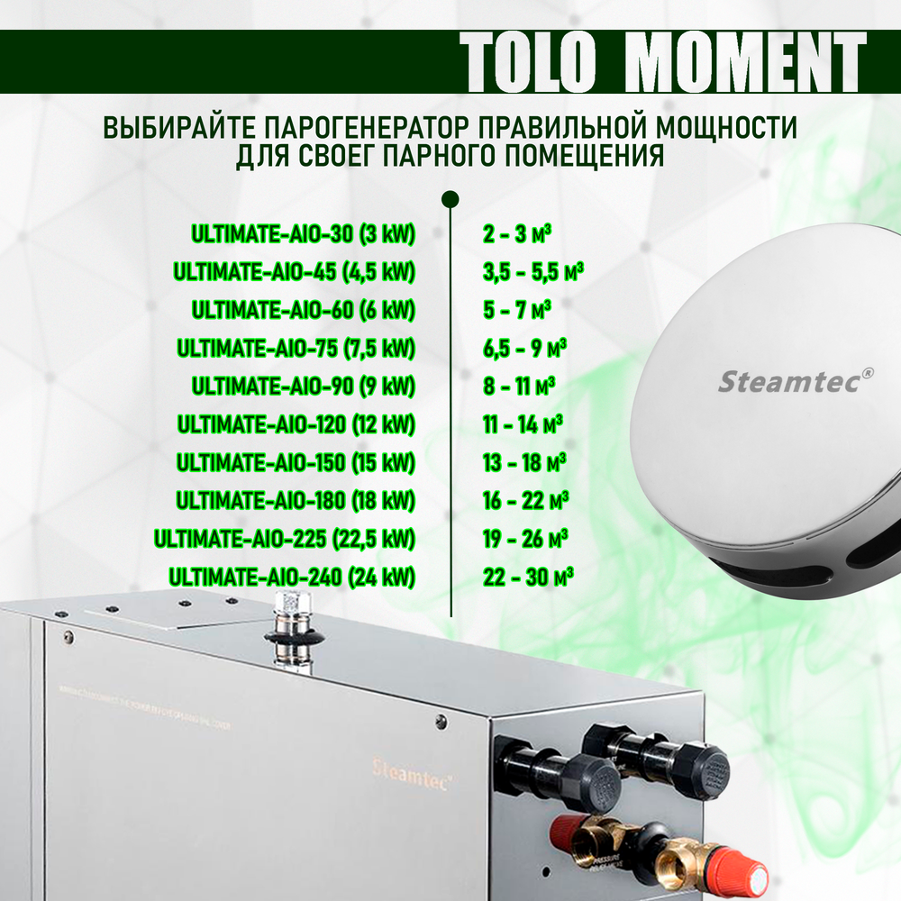 Steamtec TOLO MOMENT 45 - 4,5 кВт парогенераторы для хамама и турецкой бани / Серия PLATINUM со встроенной музыкой, пультом на 9-ти языках и возможностью монтажа без термодатчиков