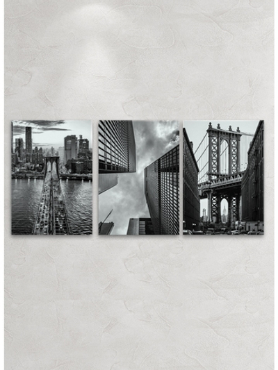 Модульные картины на стену/Фотокартины на стекле /Интерьерные "Города черно-белые, цветные", 3 шт. Декор для дома, подарок