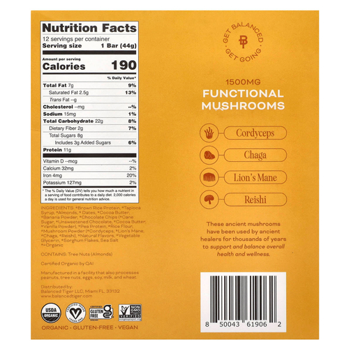 Balanced Tiger, протеиновый батончик, банан и шоколадная крошка, 12 шт. по 44 г (1,55 унции)