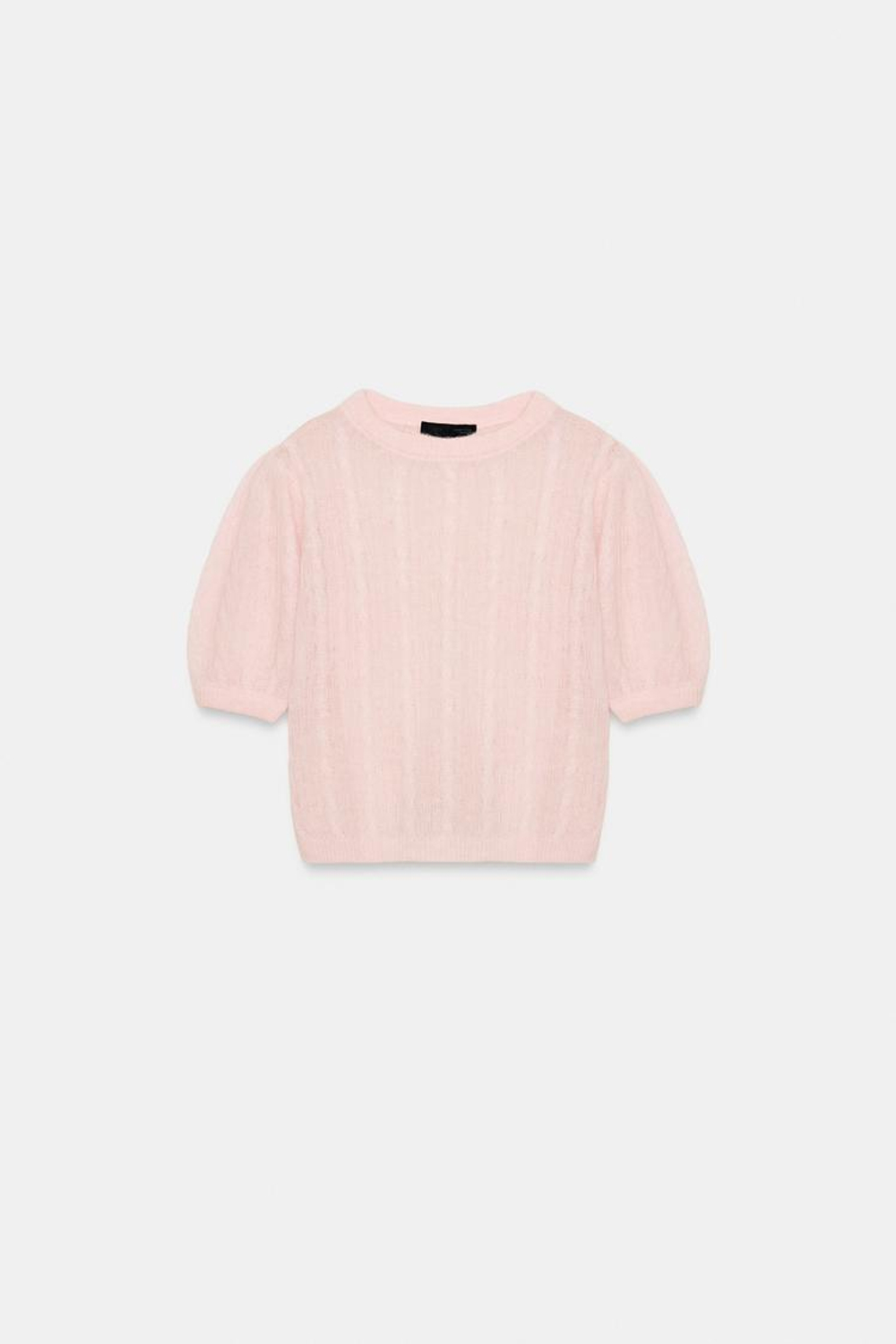 ZARA СВИТЕР С УЗОРОМ «КОСЫ» ИЗ СМЕСОВОЙ ШЕРСТИ С КОРОТКИМИ РУКАВАМИ, ПАСТЕЛЬНО-РОЗОВЫЙ