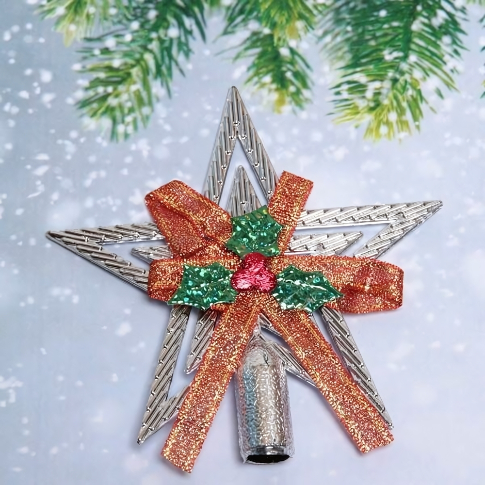 Звезда на ёлку "Классика" с бантом 9,5 см, Серебро (Серпантин)