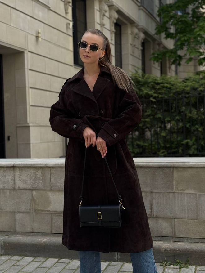 Тренч из замши в цвете «горький шоколад» 130см