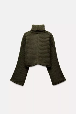 ZARA УКОРОЧЕННЫЙ СВИТЕР ИЗ РИФЛЕНОГО ТРИКОТАЖА, ХАКИ