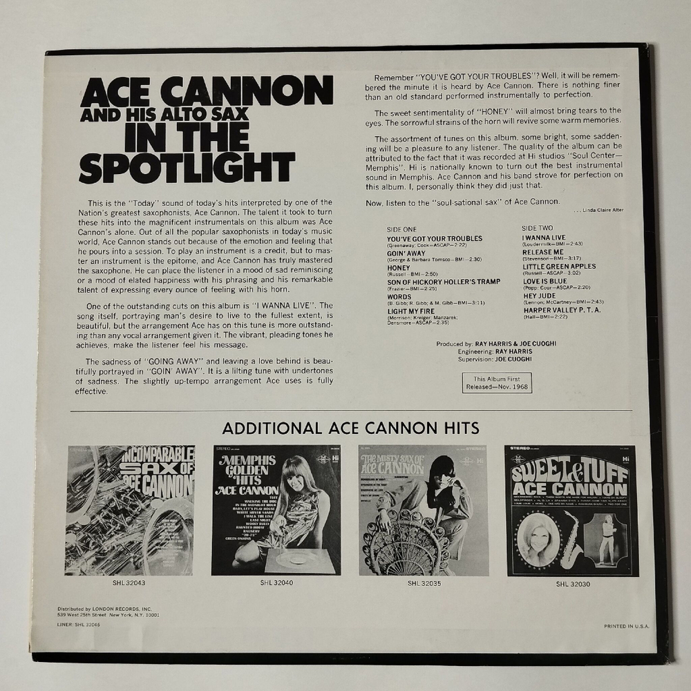 Винтажная виниловая пластинка LP Ace Cannon And His Alto Sax In The Spotlight (USA 1968)