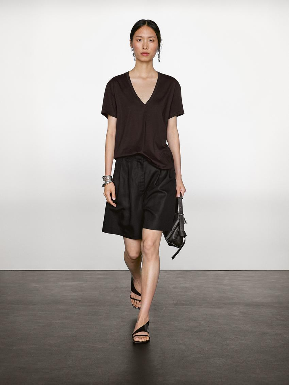 Massimo Dutti Футболка из 100% хлопка с V-образным вырезом, коричневый