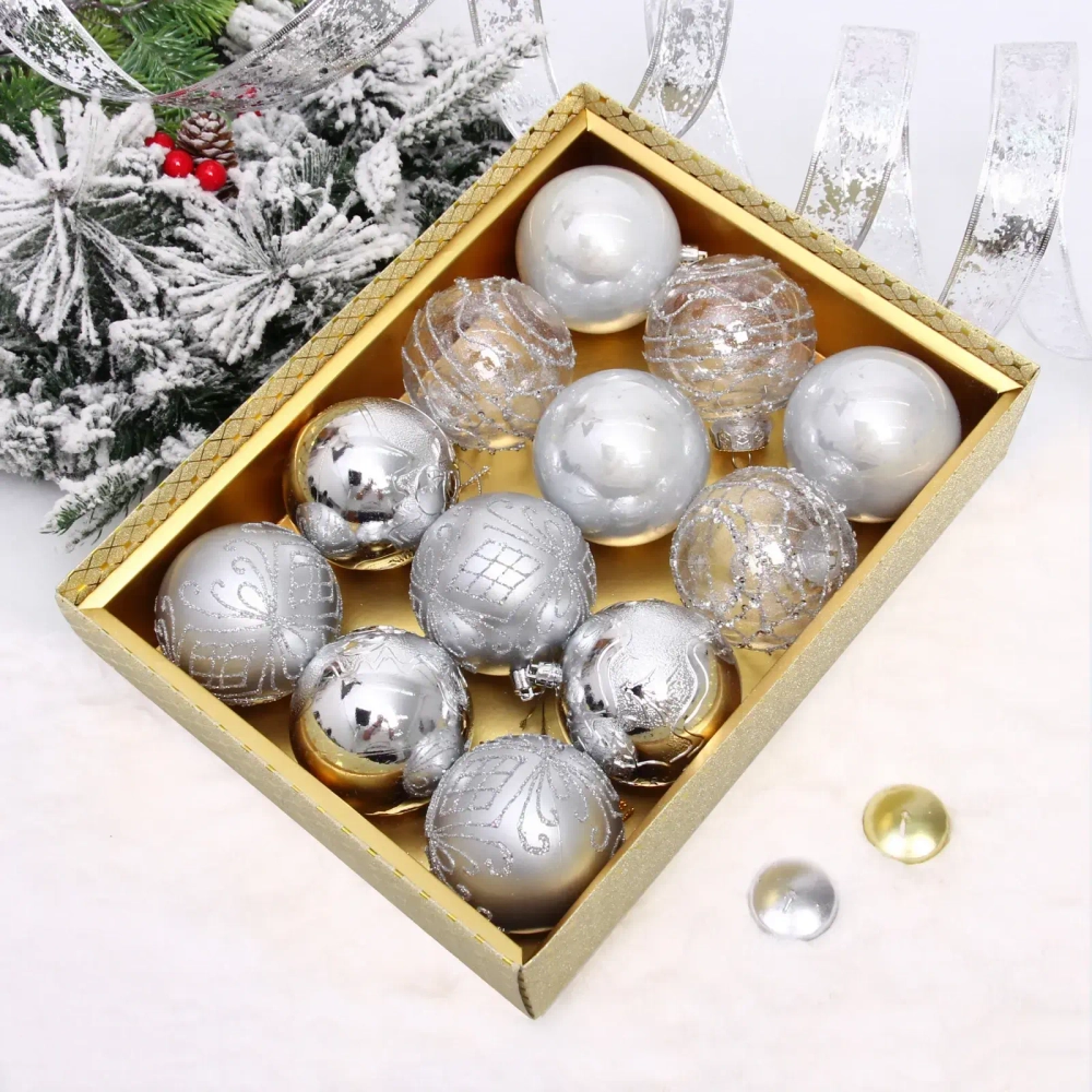 Новогодние шары «Волшебство ночи» 8 см (набор 12 шт), Серебро