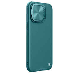 Чехол зеленого цвета (Exuberant Green) с вставками из кожи от Nillkin для iPhone 15 Pro Max, с откидной металлической крышкой для камеры, серия CamShield Prop Leather