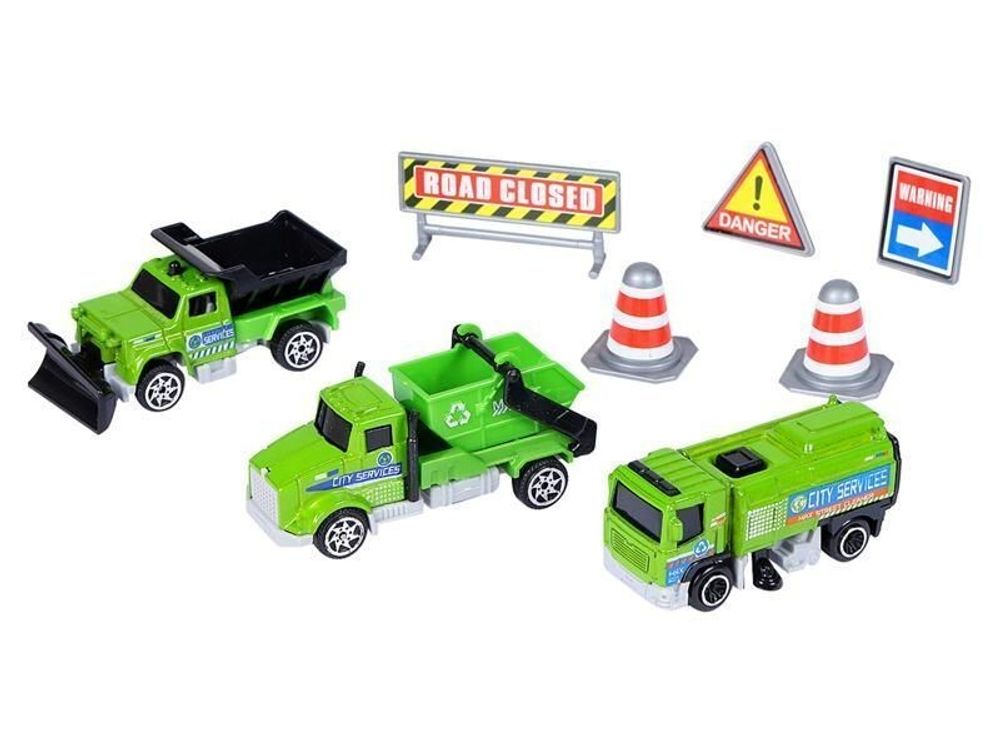 Уборочная техника 3шт. с дорожными знаками (мусоровоз, подметально-уборочная машина, грузовик с грей