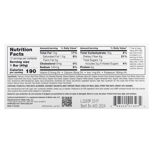 California Gold Nutrition, Foods, жевательные батончики-мюсли с дикой голубикой и миндалем, 12 шт. по 40 г (1,4 унции)