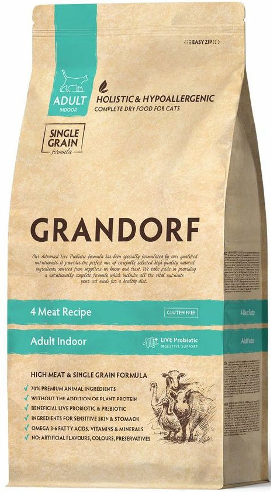 Grandorf 0.4кг 4 Meat Recipe Indoor Holistic Probiotic для домашних кошек, с пробиотиками, 4 вида мяса