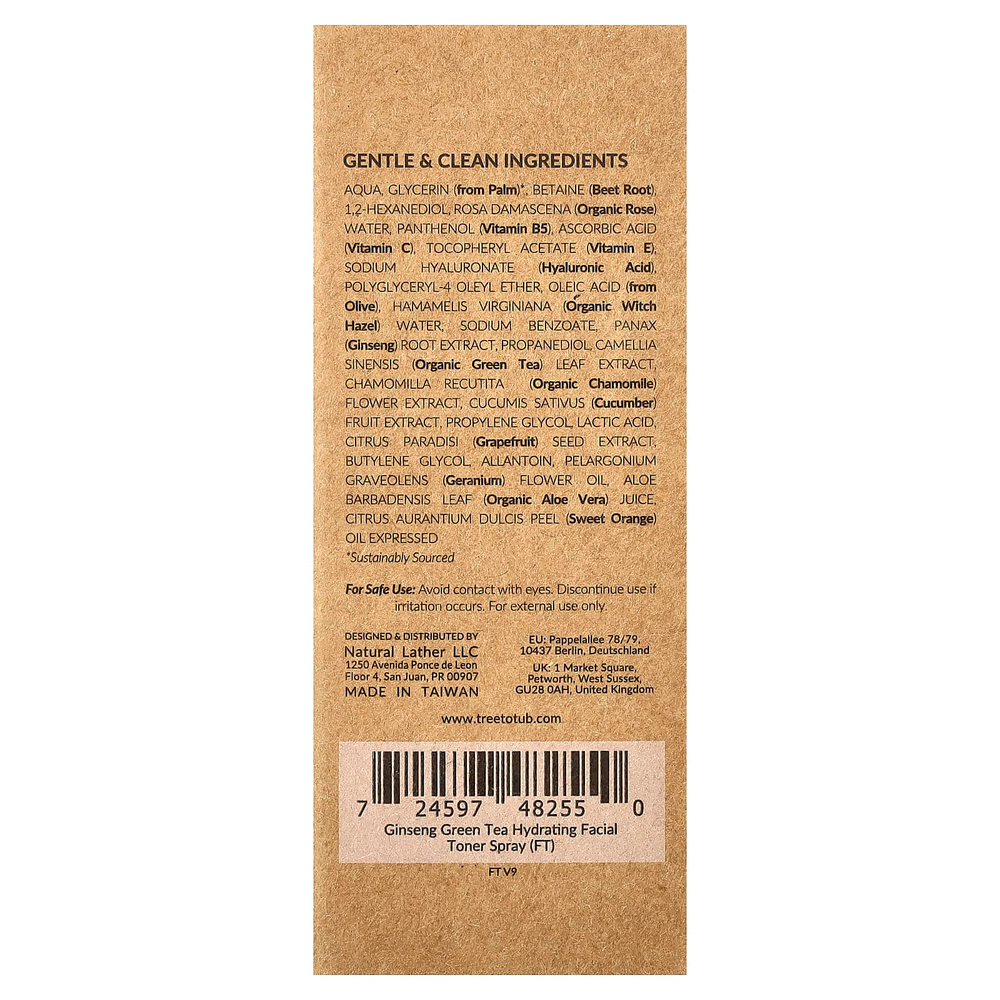 Tree To Tub, увлажняющий тоник-спрей для лица, женьшень и зеленый чай, 120 мл (4 жидк. унции)