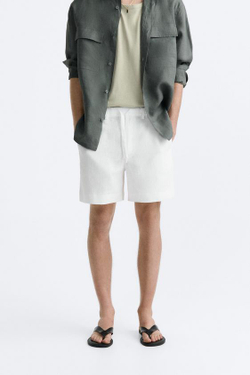 ZARA ШОРТЫ ИЗ 100% ЛЬНА, БЕЛЫЙ