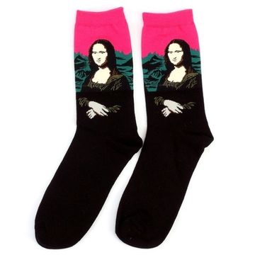 Носки с принтом «Мона Лиза» Леонардо Да Винчи черно-розовые длинные Hobby Line