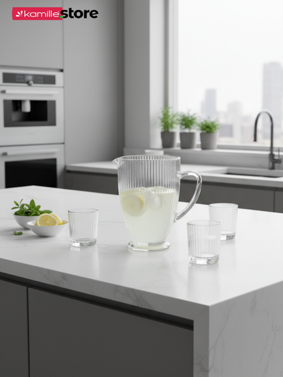 Кувшин стеклянный 1 л. на ножке, стекло вертикальные полосы