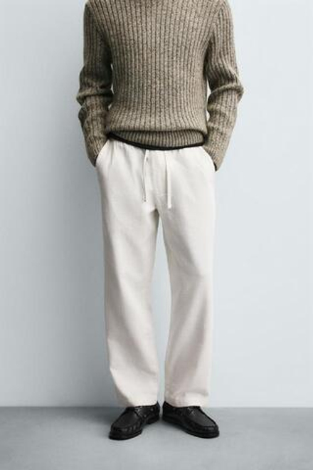 ZARA БРЮКИ RELAXED FIT С РЕЛЬЕФНОЙ СТРУКТУРОЙ, ЖЕЛТОВАТО-БЕЛЫЙ