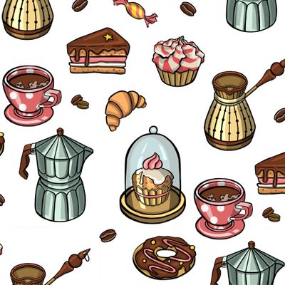 Pattern with cup of coffee, croissants ornament illustration