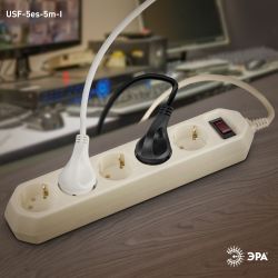 Сетевой фильтр ЭРА USF-5es-5m-I с базовой защитой с заземлением с выключателем 5 розеток 5м 10А слоновая кость