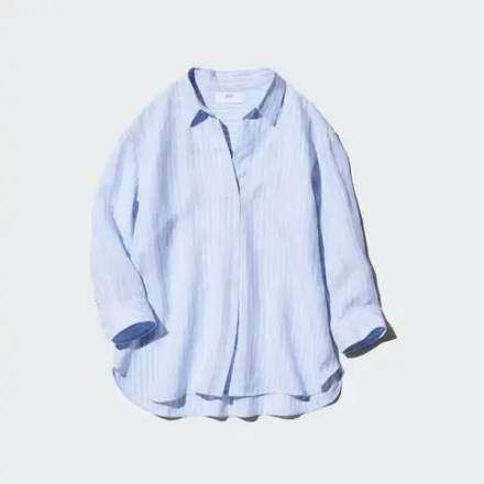 UNIQLO РУБАШКА В ПОЛОСКУ С 3/4 РУКАВАМИ И ШКИПЕРСКИМ ВОРОТНИКОМ ИЗ 100% ЛЬНА ПРЕМИУМ-КЛАССА, ГОЛУБОЙ