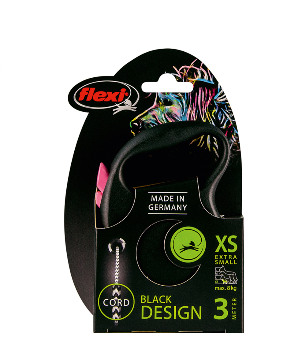 Поводок-Рулетка Флекси Black Design XS (до 8кг) 3м. трос черный/розовый