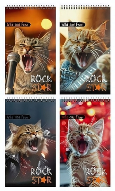 Блокнот А7 40л. клетка "Коты-рокеры" греб. мел. карт., спл. Уф-лак (Schoolformat)