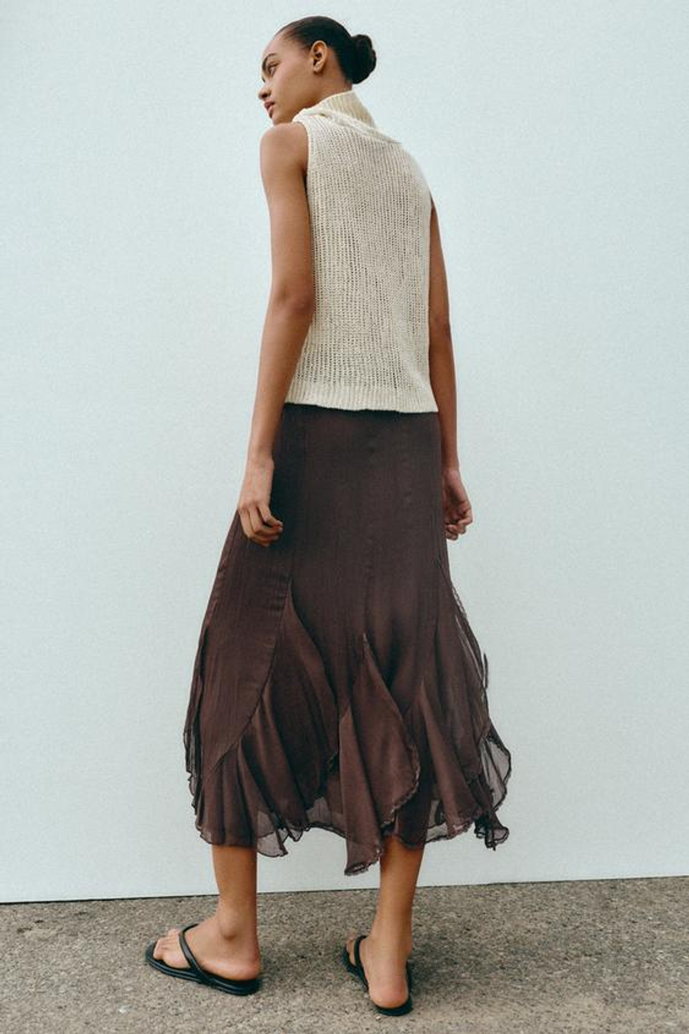 ZARA ЮБКА МИДИ С ВОЛАНАМИ И КРУЖЕВОМ, КОРИЧНЕВЫЙ