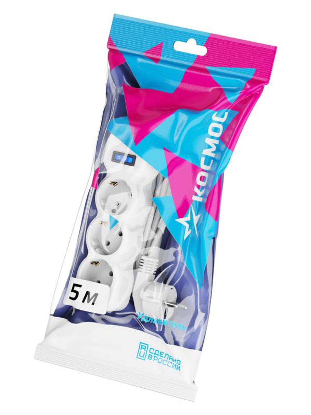 Удлинитель 3х5м с заземл. 10А IP20 ПВС 3х0.75 с выкл. КОСМОС YKsm5m-3g-Z-V(10A)P