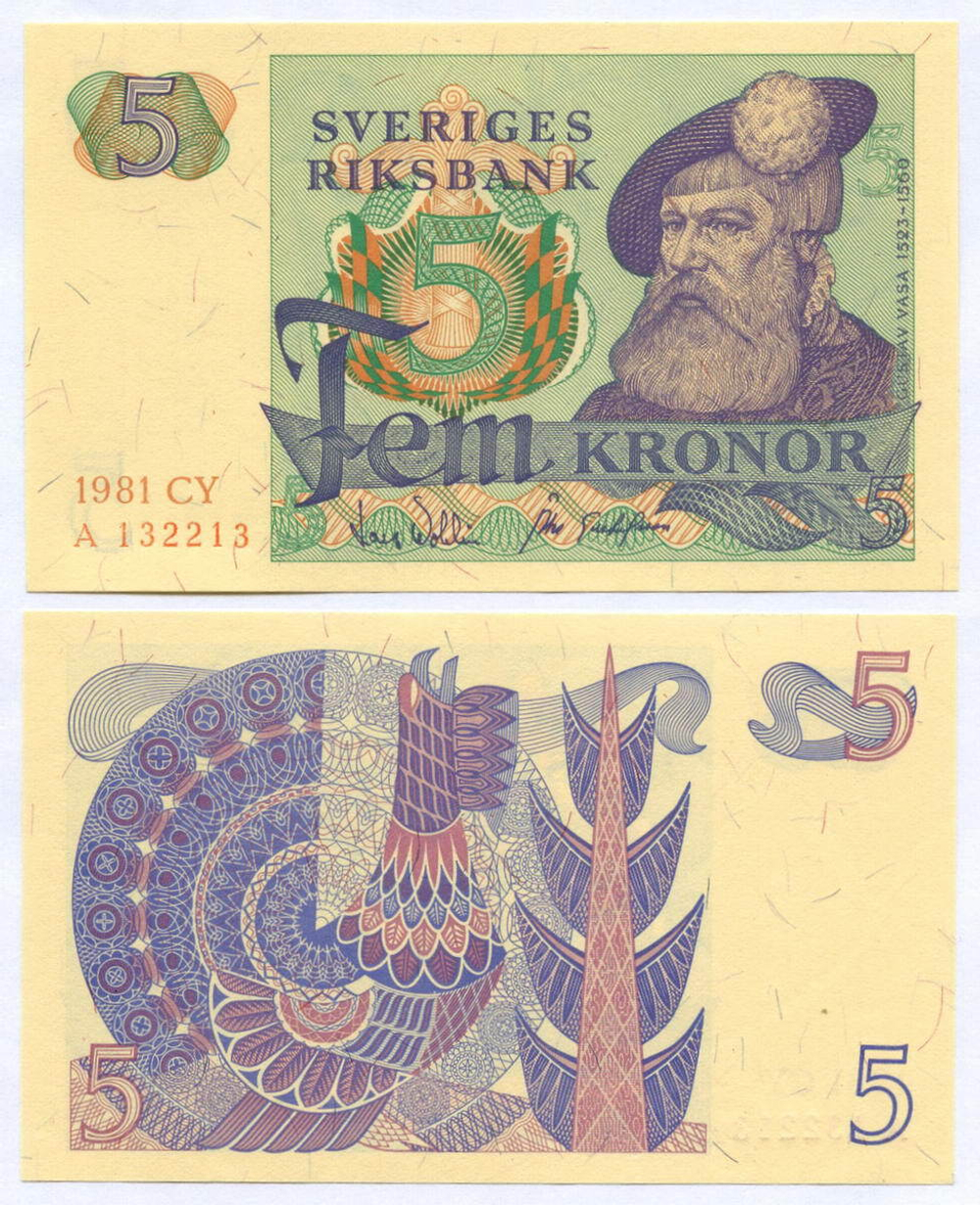 Банкнота Швеция 5 крон 1981 год CY A 132213 (Густав Ваза). UNC