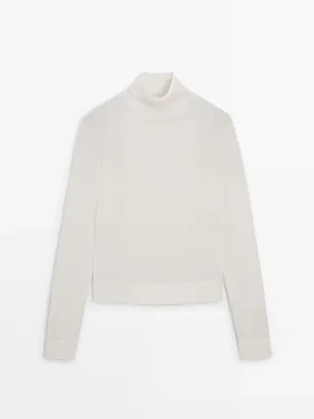 Massimo Dutti Свитер с высоким воротником, натуральный, кремовый