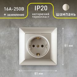 Розетка Intro Solo 4-202-04 с заземлением 2P+E Schuko, 16А-250В, IP20, СУ, шампань