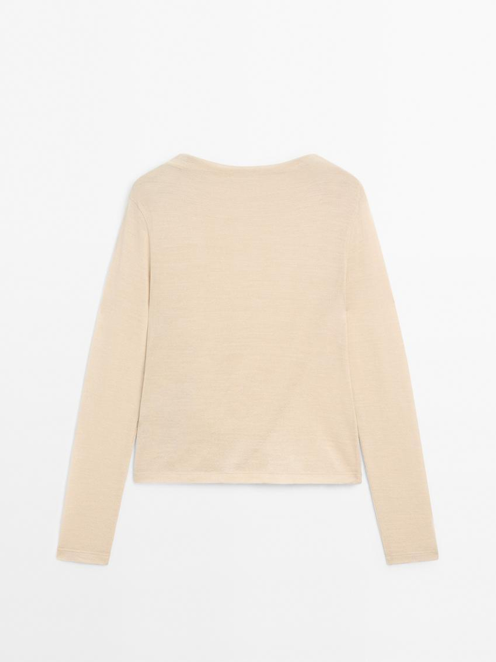 Massimo Dutti Футболка из смесовой шерсти со сборкой, бежевый