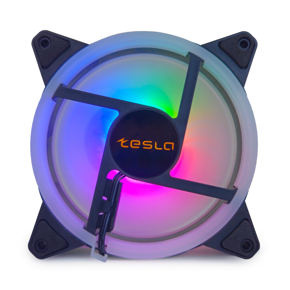 Вентилятор TESLA RGB120-DB SLAVE, 120мм, 1200rpm, PropConn, черный-белый/ARGB, 38CFM, 21дБ, антивибропрокладки, подключение только к master-вентилятору (TSL-120-DB-AS)