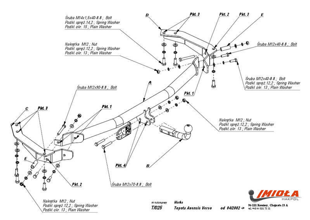 Фаркоп IMIOLA T.025 Toyota Avensis Verso 2002-2009, Toyota Ipsum 2002-2009, Toyota Picnic 2002-2009(паспорт и сертификат в комплекте)(без электрики)