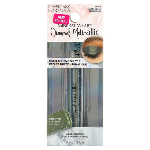Physicians Formula, Mineral Wear, жидкие тени для век Diamond Melt-allic, оттенок 1711946 золотистый изумрудный, 2,8 мл (0,09 жидк. унции)