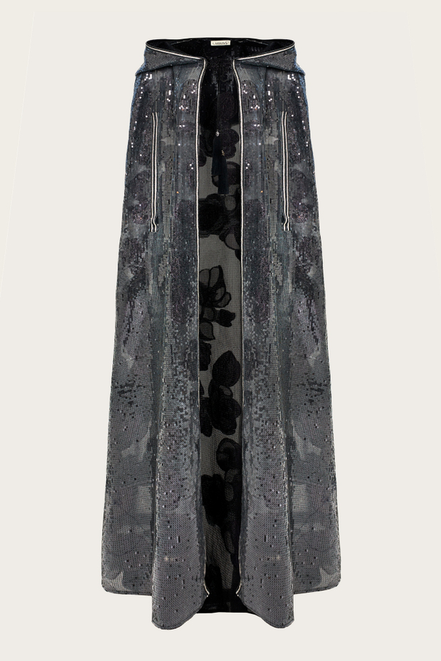 Вечерний темно-серый кейп в пайетках с капюшоном