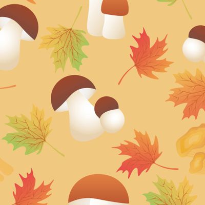 Грибы и листопад на оранжевом фоне