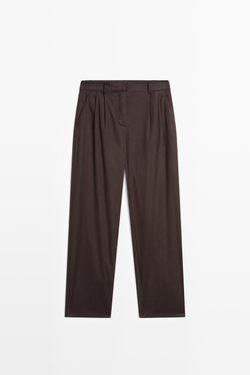 Massimo Dutti Плиссированные брюки из смесовой хлопковой ткани поплин, шоколадный