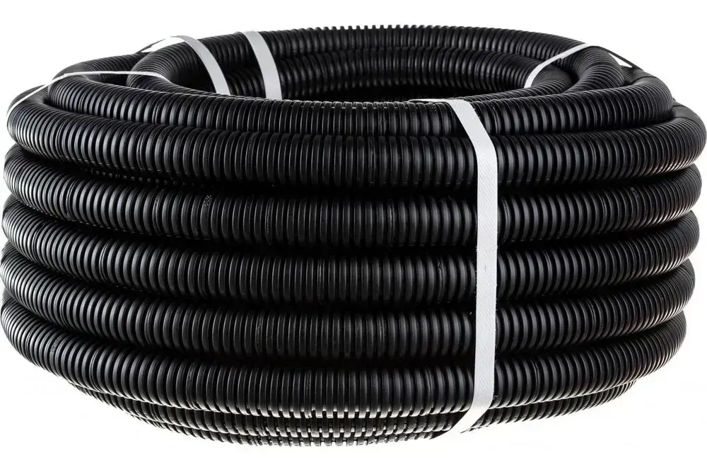 Труба гофрированная ПНД 32 мм черная гибкая легкая с зондом легкая 15 метров с протяжкой для прокладки кабеля и электропроводки