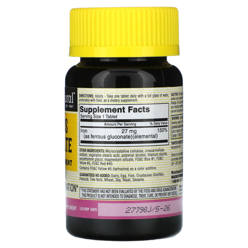 Mason Natural, глюконат железа, 100 зеленых таблеток (27 мг в 1 таблетке)