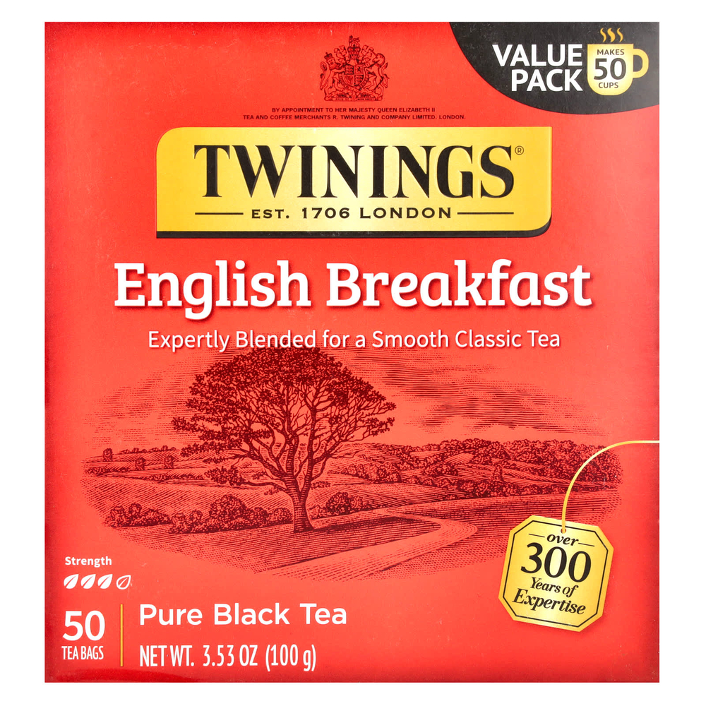 Twinings, Pure Black Tea, English Breakfast, 50 чайных пакетиков, 100 г (3,53 унции)