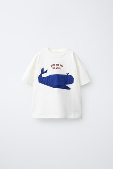 ZARA ФУТБОЛКА С НАШИВКОЙ «КИТ», БЕЛЫЙ
