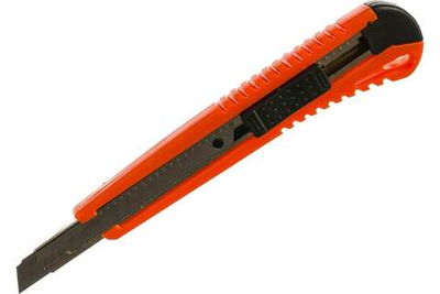 Нож, 9 мм, выдвижное лезвие, металлическая направляющая 131 мм, оранжевый